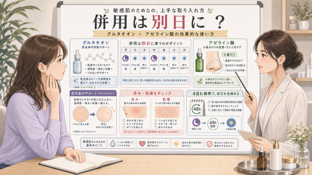 グルタチオンとアゼライン酸併用を敏感肌向けに別日、小鼻だけ、48時間観察で整理した解説図