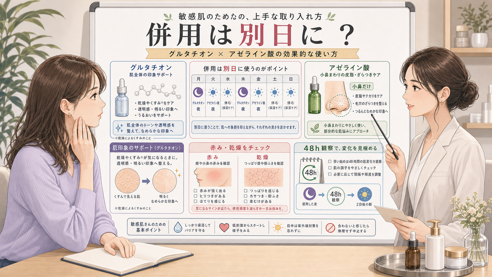 グルタチオンとアゼライン酸併用を敏感肌向けに別日、小鼻だけ、48時間観察で整理した解説図