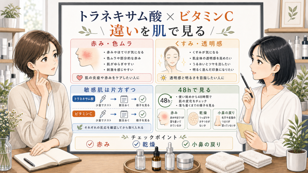 トラネキサム酸とビタミンCの違いを赤み、くすみ、敏感肌、48時間観察で整理した解説図
