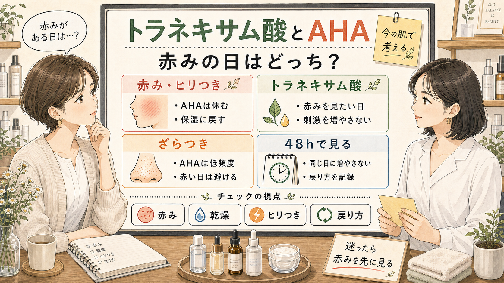 トラネキサム酸とAHAを赤みがある日に使い分ける相談ボード