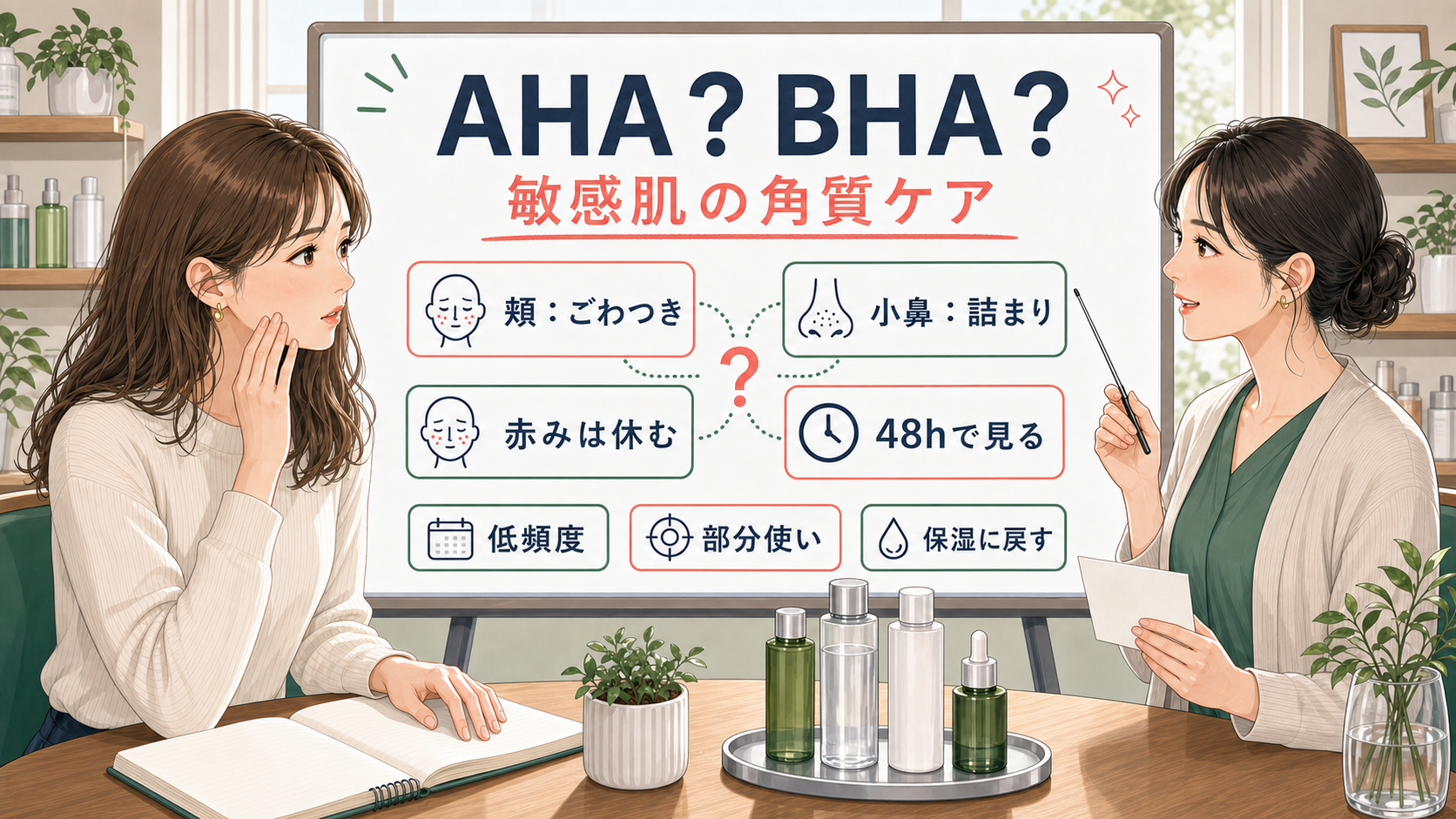 AHAとBHAの敏感肌での選び方を頬、小鼻、48時間確認で整理した解説図