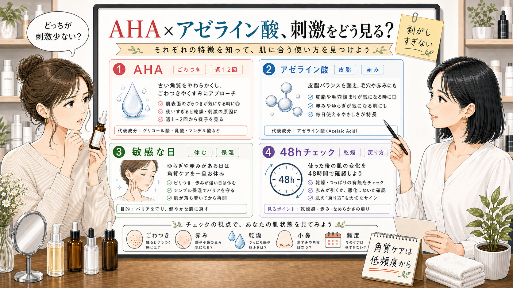 AHAとアゼライン酸の違いを刺激・赤み・角質ケアで整理する相談ボード