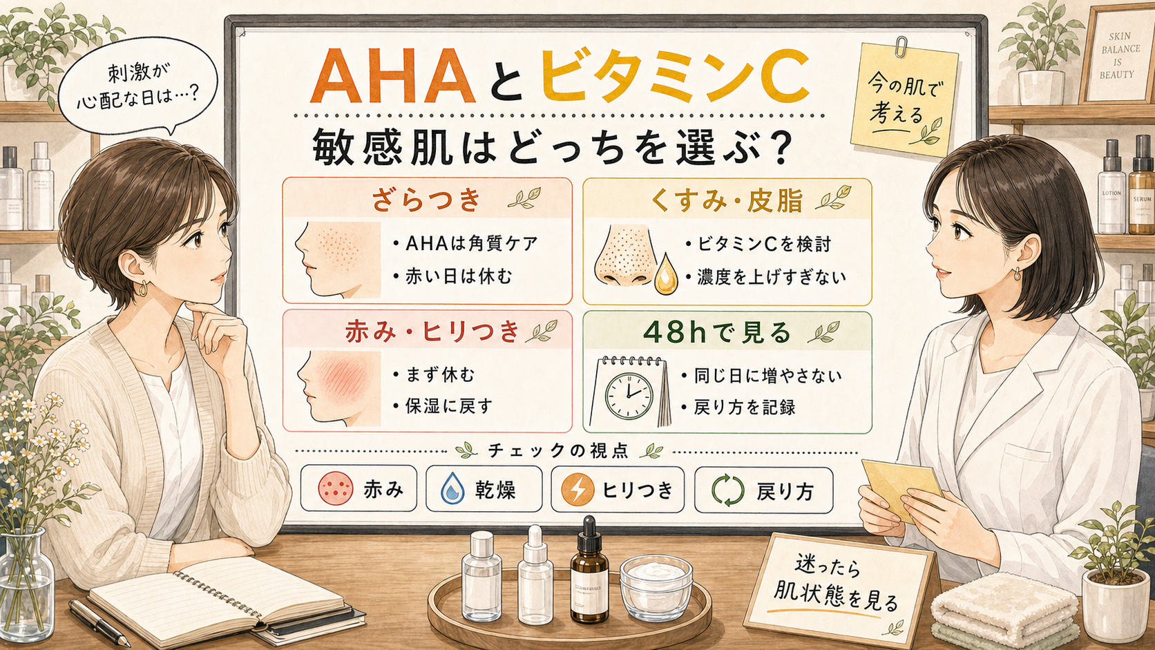 AHAとビタミンCを敏感肌で使い分ける相談ボード