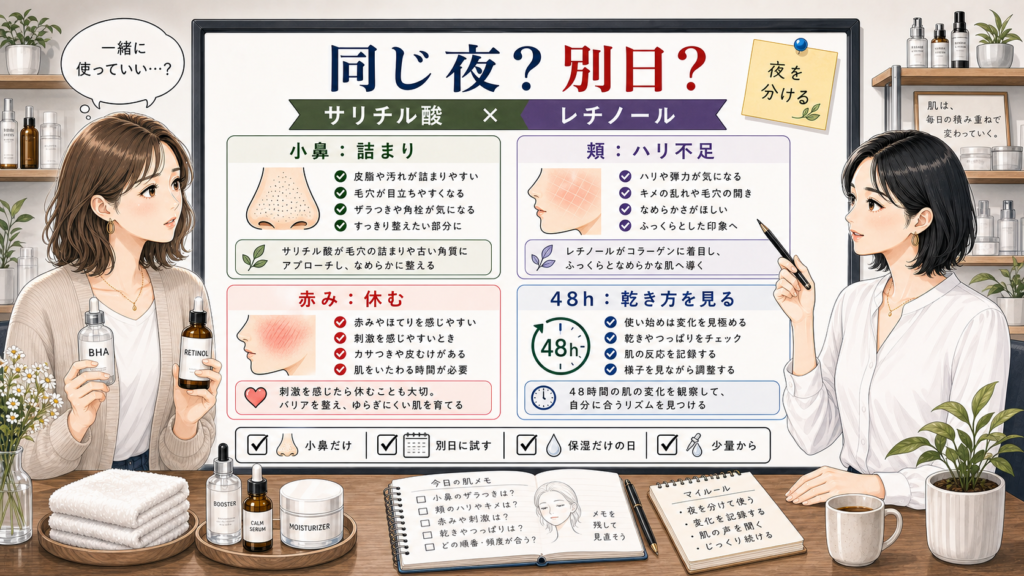 サリチル酸とレチノールの併用を夜ごとに分ける美容相談アイキャッチ