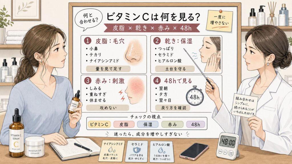 ビタミンCと相性がいいスキンケア成分を皮脂・乾き・赤み・48時間観察で比較する1433基準の美容メディア挿絵アイキャッチ