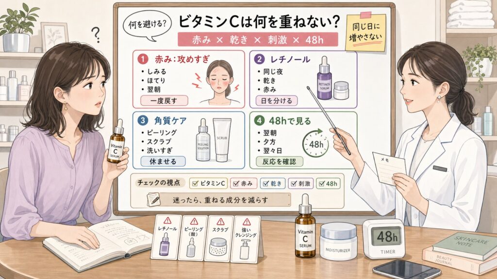 ビタミンCと相性が悪く見えるスキンケアの重ね方を赤み・乾き・刺激・48時間観察で比較する1433基準の美容メディア挿絵アイキャッチ