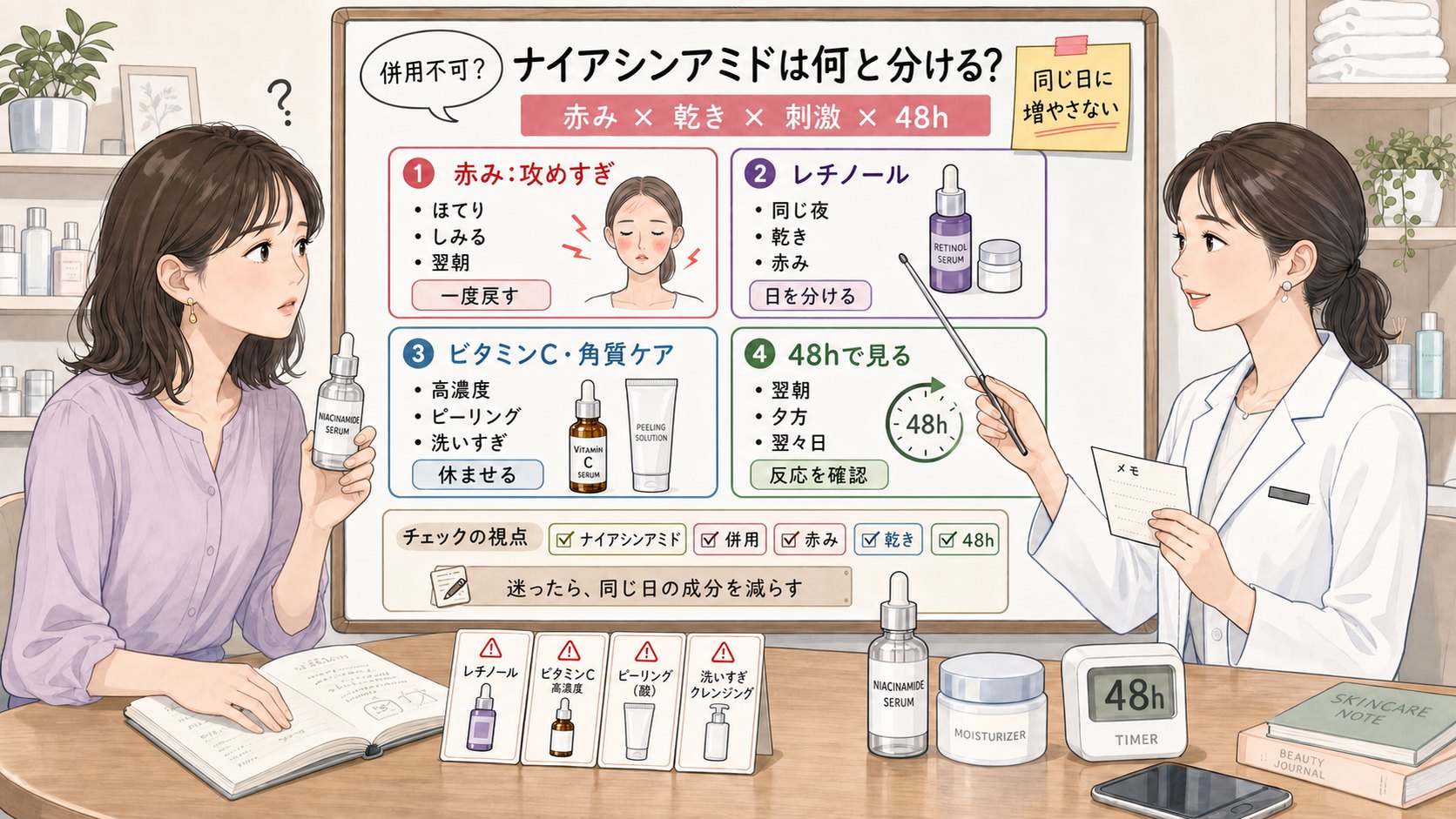 ナイアシンアミド併用不可に見えるスキンケアの重ね方を赤み・乾き・刺激・48時間観察で比較する1433基準の美容メディア挿絵アイキャッチ