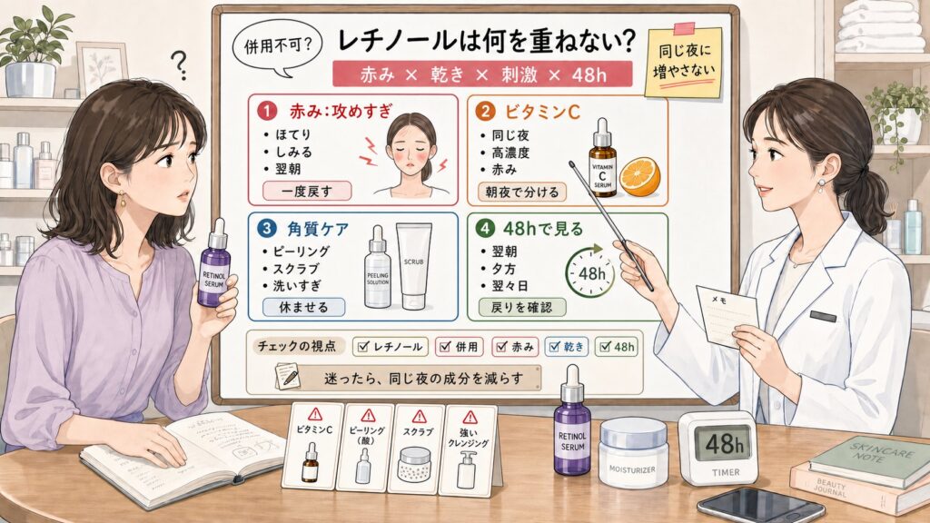 レチノール併用不可に見えるスキンケアの重ね方を赤み・乾き・刺激・48時間観察で比較する1433基準の美容メディア挿絵アイキャッチ