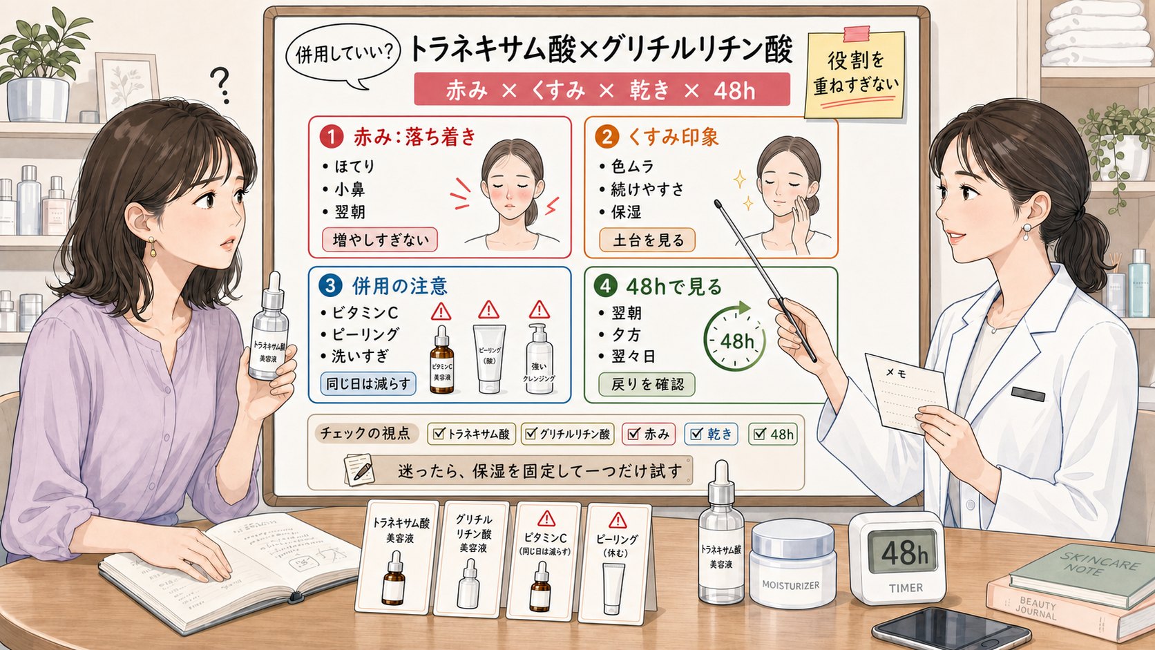 トラネキサム酸とグリチルリチン酸の併用を赤み・くすみ印象・乾き・48時間観察で比較する1433基準の美容メディア挿絵アイキャッチ