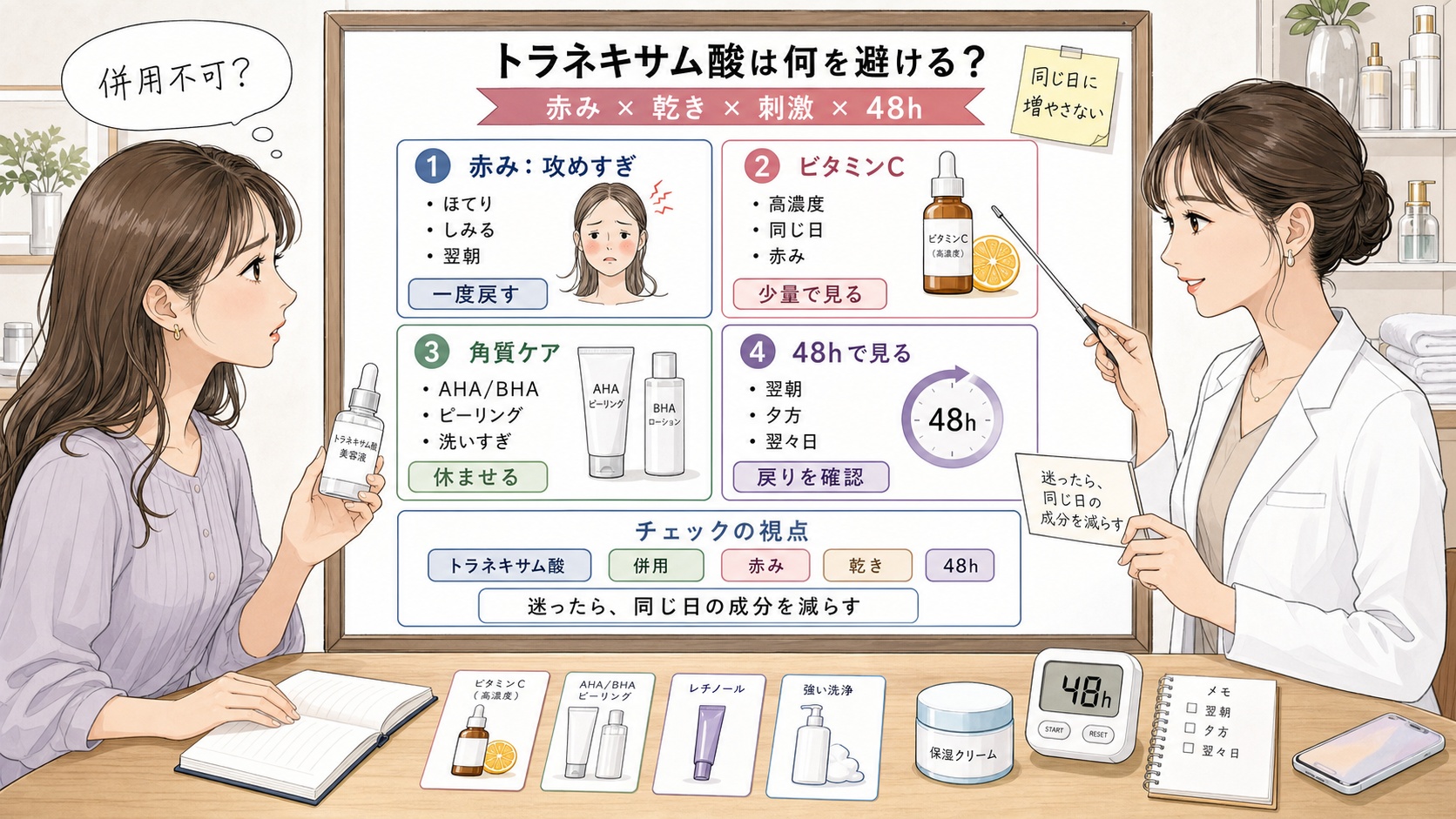 トラネキサム酸併用不可に見えるスキンケアの重ね方を赤み・乾き・刺激・48時間観察で比較する1433基準の美容メディア挿絵アイキャッチ