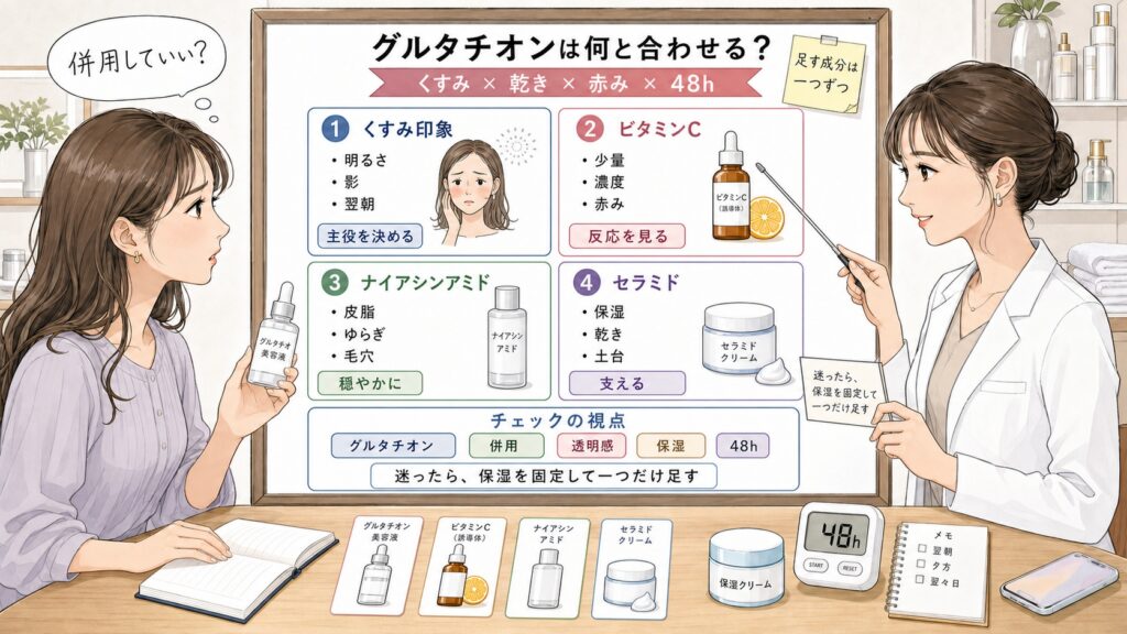 グルタチオン併用をビタミンC・ナイアシンアミド・セラミド・保湿・48時間観察で比較する1433基準の美容メディア挿絵アイキャッチ