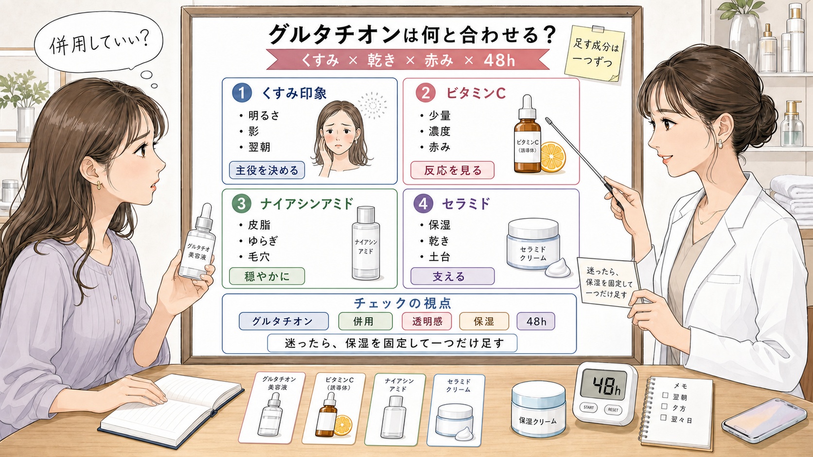 グルタチオン併用をビタミンC・ナイアシンアミド・セラミド・保湿・48時間観察で比較する1433基準の美容メディア挿絵アイキャッチ