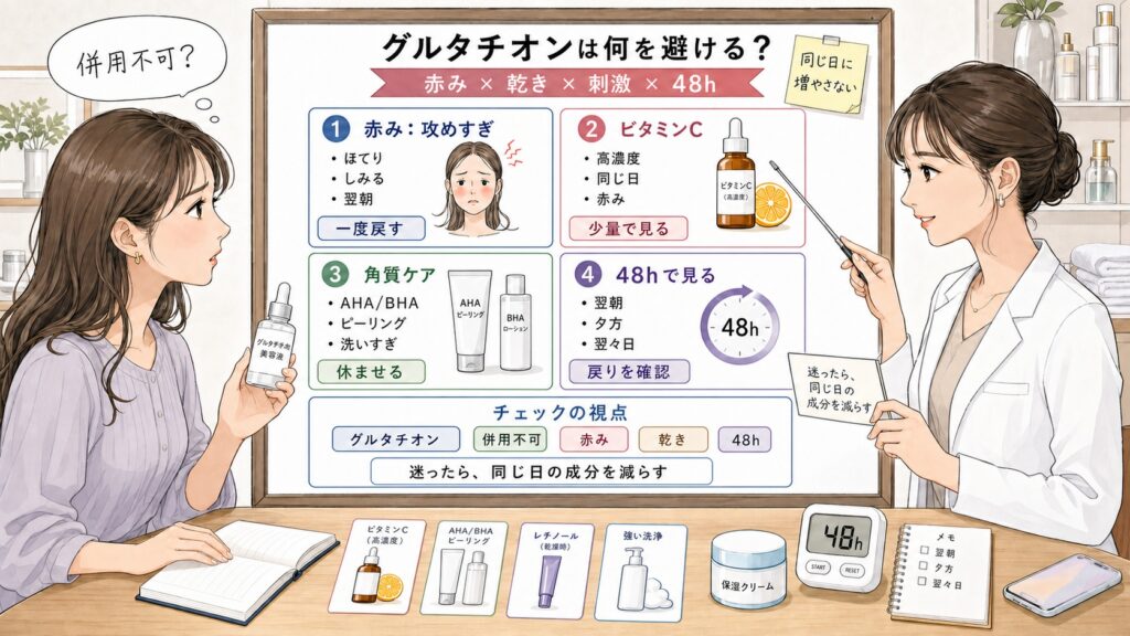 グルタチオン併用不可に見えるスキンケアの重ね方を赤み・乾き・刺激・48時間観察で比較する1433基準の美容メディア挿絵アイキャッチ