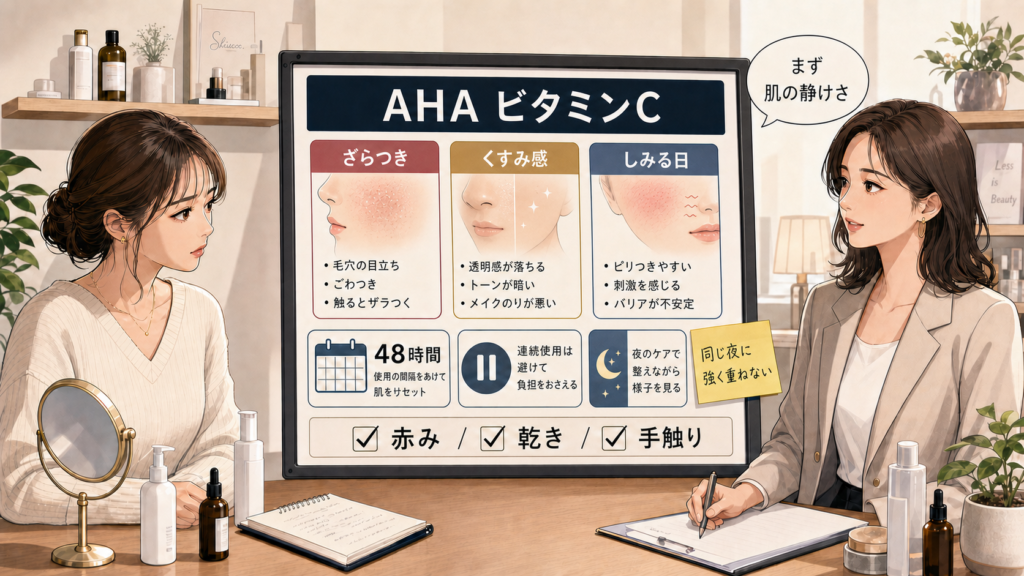 AHAとビタミンCの併用をざらつき・くすみ感・しみる日で整理する美容相談ボード
