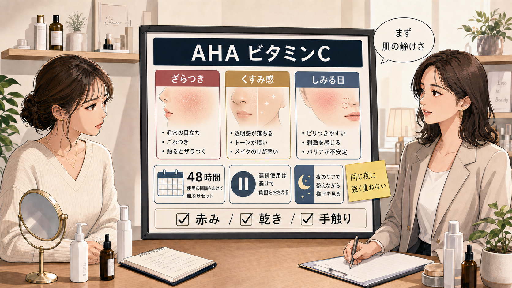 AHAとビタミンCの併用をざらつき・くすみ感・しみる日で整理する美容相談ボード