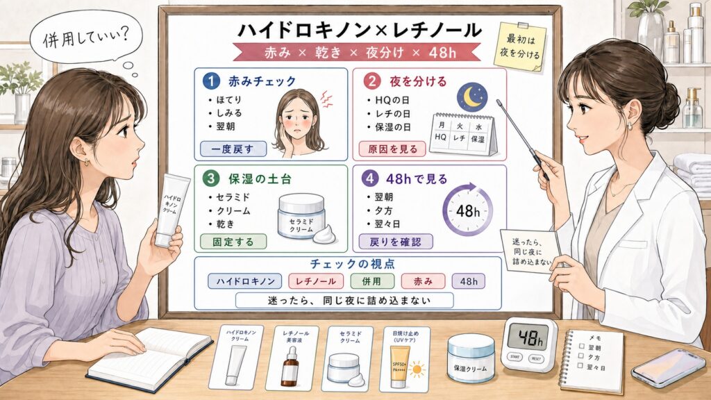 ハイドロキノンとレチノール併用を赤み・乾き・夜分け・保湿・48時間観察で比較する1433基準の美容メディア挿絵アイキャッチ