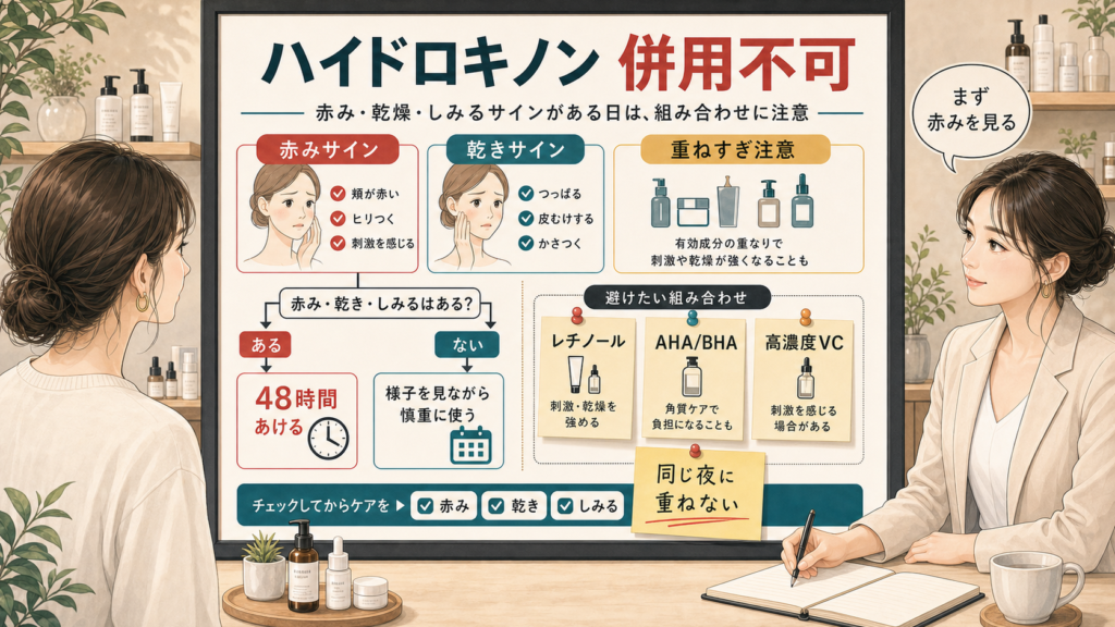 ハイドロキノンの併用不可と赤み・乾きを見る相談ボード