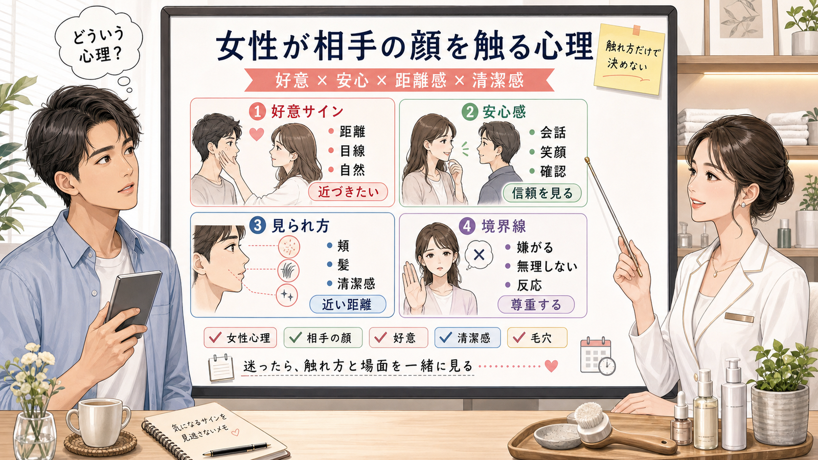 女性が相手の顔を触る心理を好意・安心・距離感・清潔感・毛穴印象で比較する1433基準の美容メディア挿絵アイキャッチ