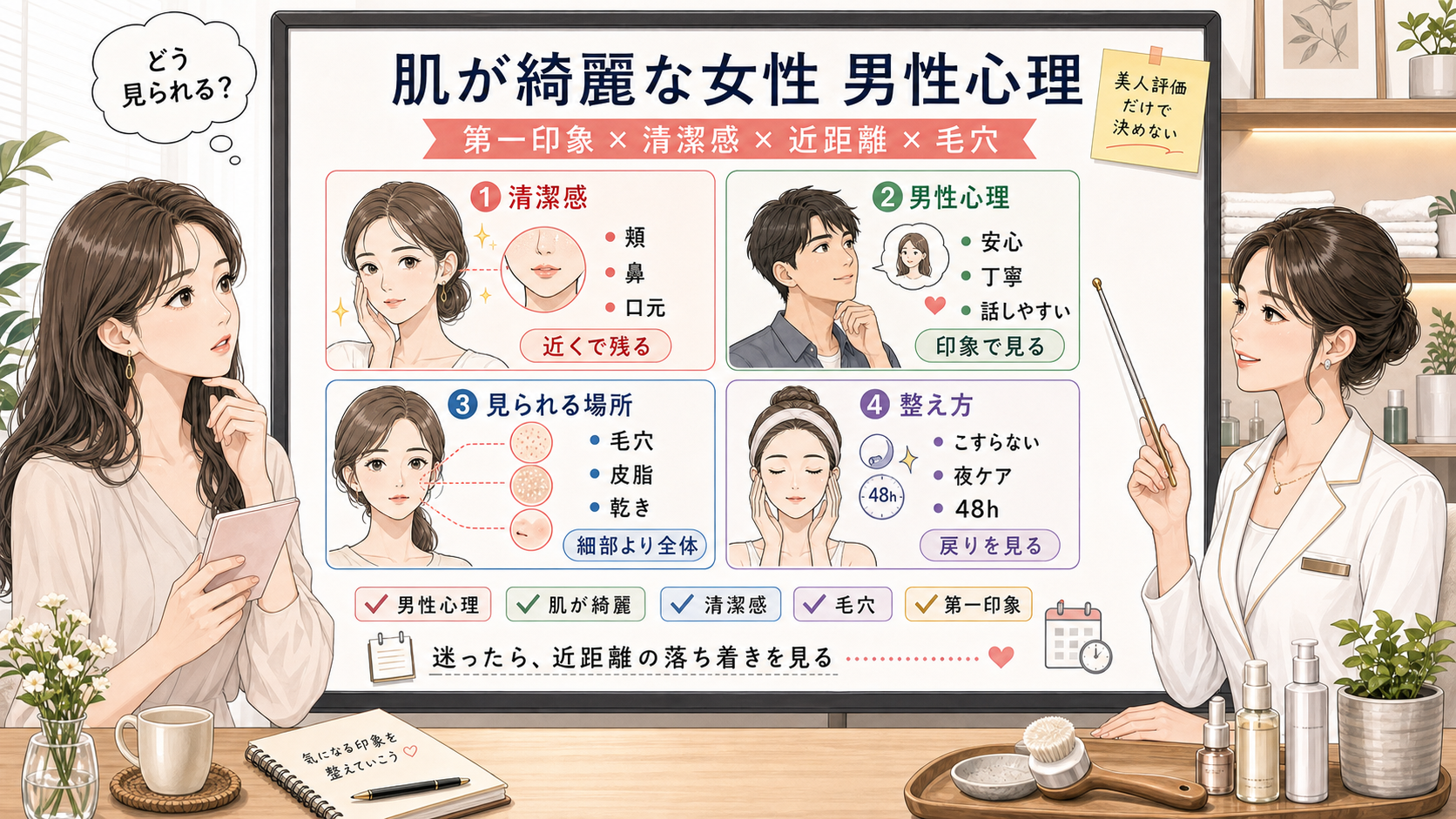 肌が綺麗な女性の男性心理を清潔感・第一印象・近距離・毛穴印象で比較する1433基準の美容メディア挿絵アイキャッチ