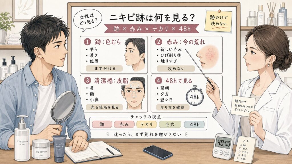 ニキビ跡を女性がどう見るかを跡・赤み・テカリ・毛穴・48時間観察で比較する1433基準の美容メディア挿絵アイキャッチ