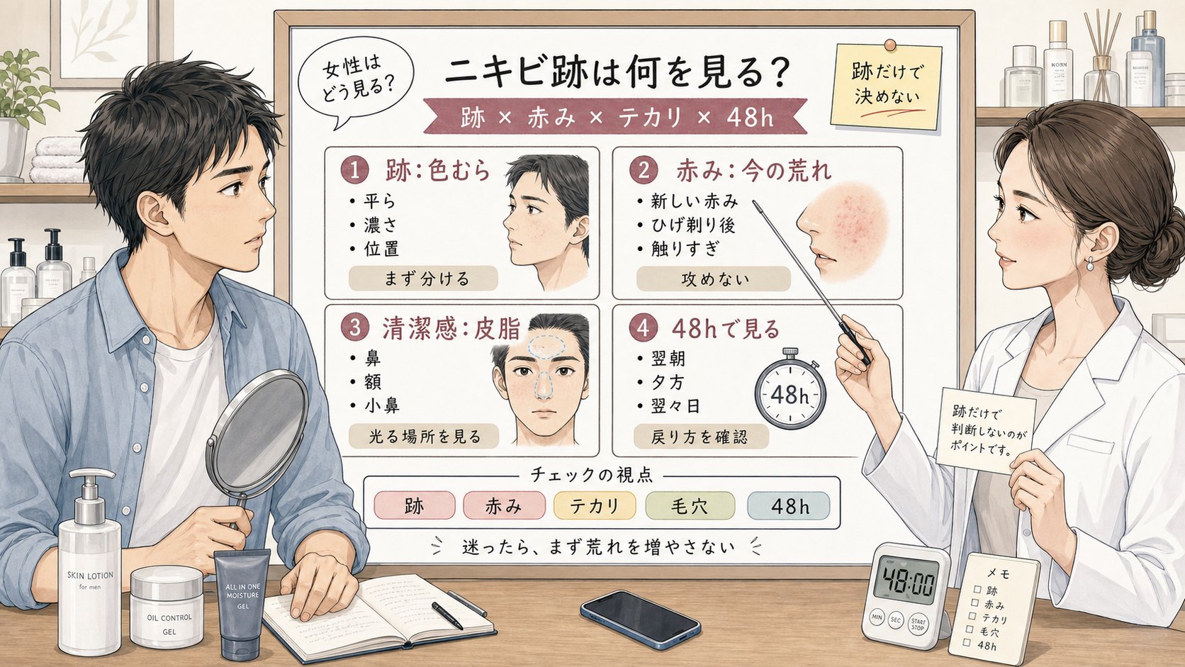 ニキビ跡を女性がどう見るかを跡・赤み・テカリ・毛穴・48時間観察で比較する1433基準の美容メディア挿絵アイキャッチ
