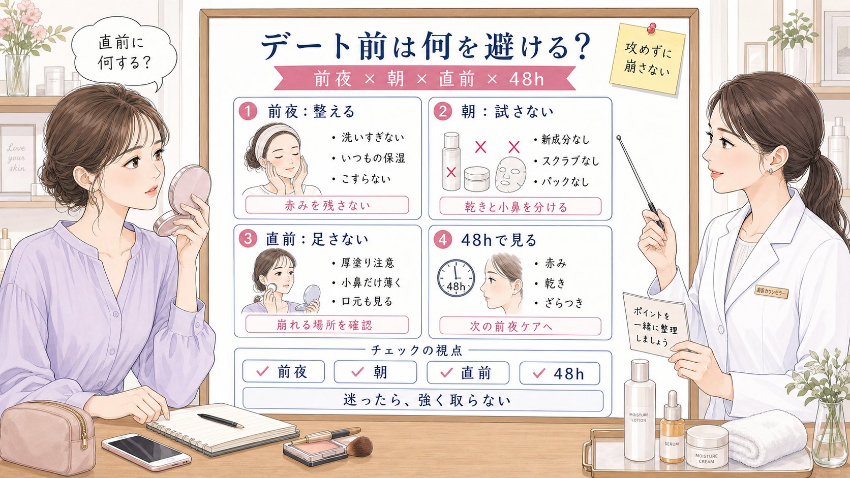 デート前スキンケアを前夜・当日朝・直前・48時間観察で比較し強い毛穴ケアや厚塗りを避ける1433基準の美容メディア挿絵アイキャッチ