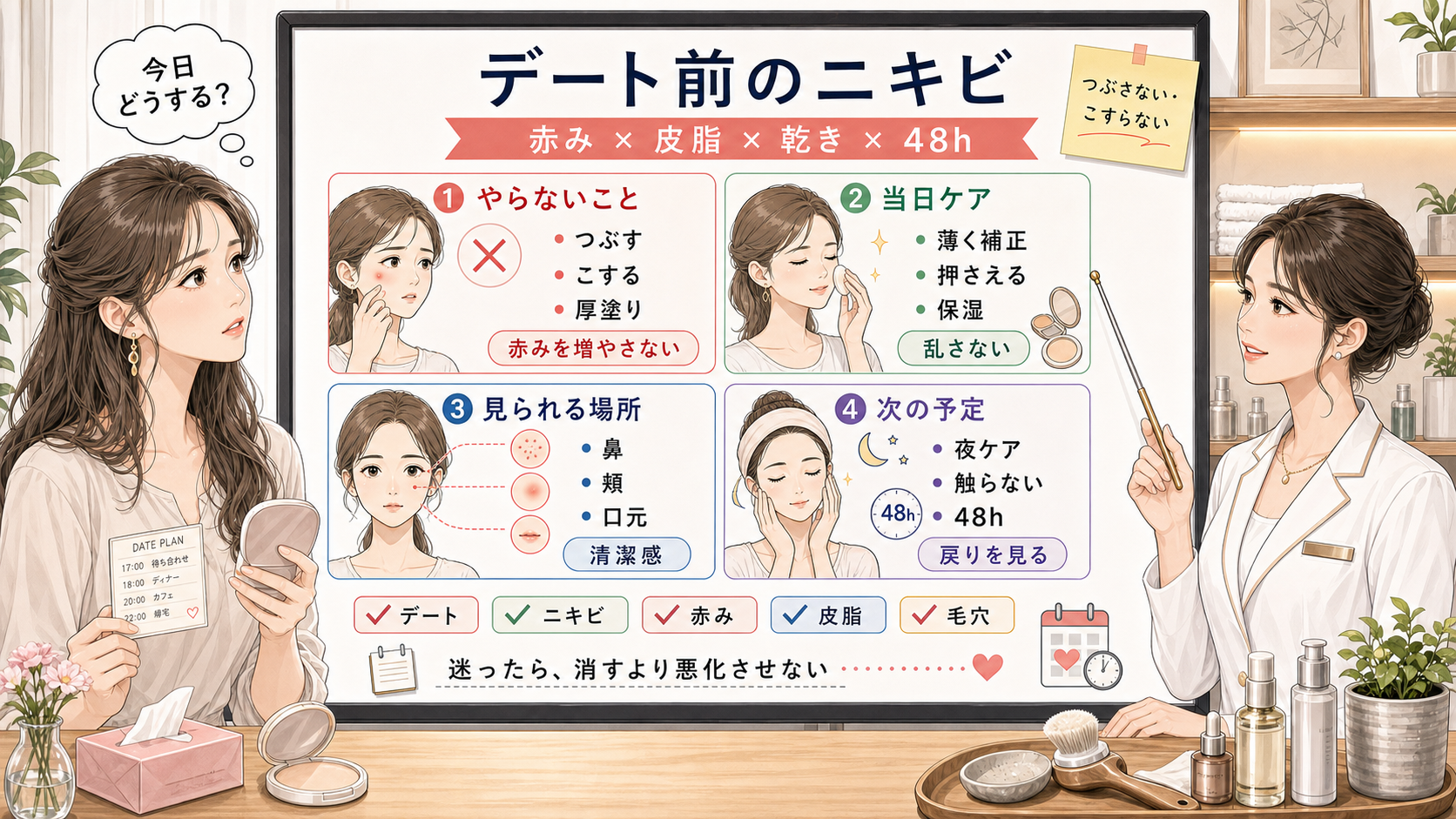 デート前のニキビを赤み・皮脂・乾き・48時間ケアで比較する1433基準の美容メディア挿絵アイキャッチ