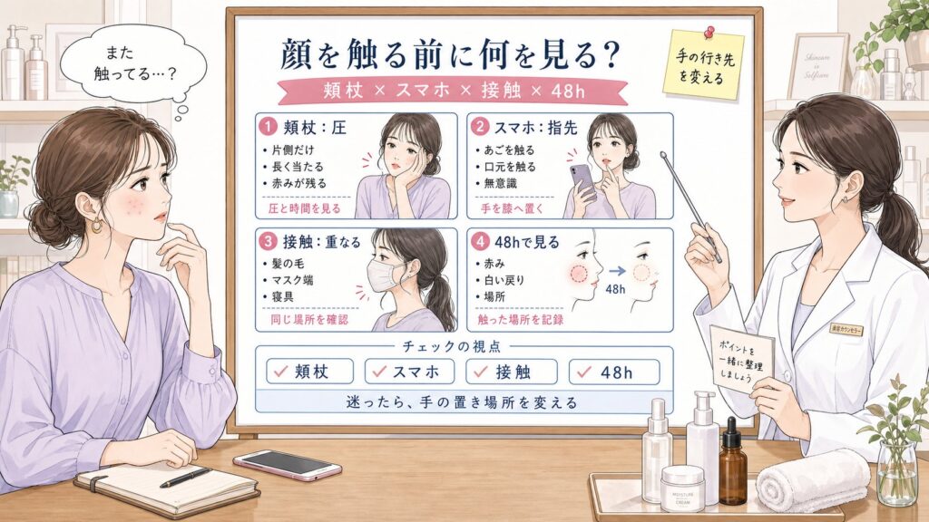 顔を触るクセとニキビを頬杖・スマホ中の指先・髪やマスク接触・48時間観察で比較する1433基準の美容メディア挿絵アイキャッチ