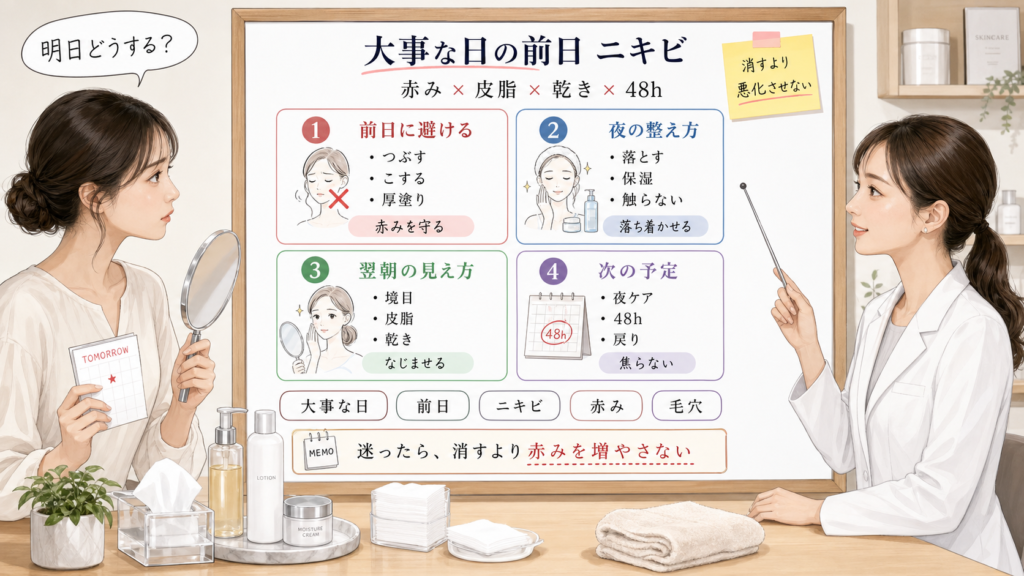 大事な日の前日のニキビを赤み・皮脂・乾き・48時間ケアで比較する1433基準の美容メディア挿絵アイキャッチ
