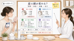 恋で顔つきが変わるように見える理由を表情・血色・皮脂・毛穴で比較する1433基準の美容メディア挿絵アイキャッチ