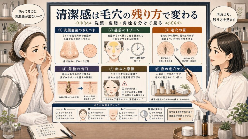 洗顔後の毛穴、皮脂、角栓の残り方が清潔感に与える印象を整理する美容相談ボード