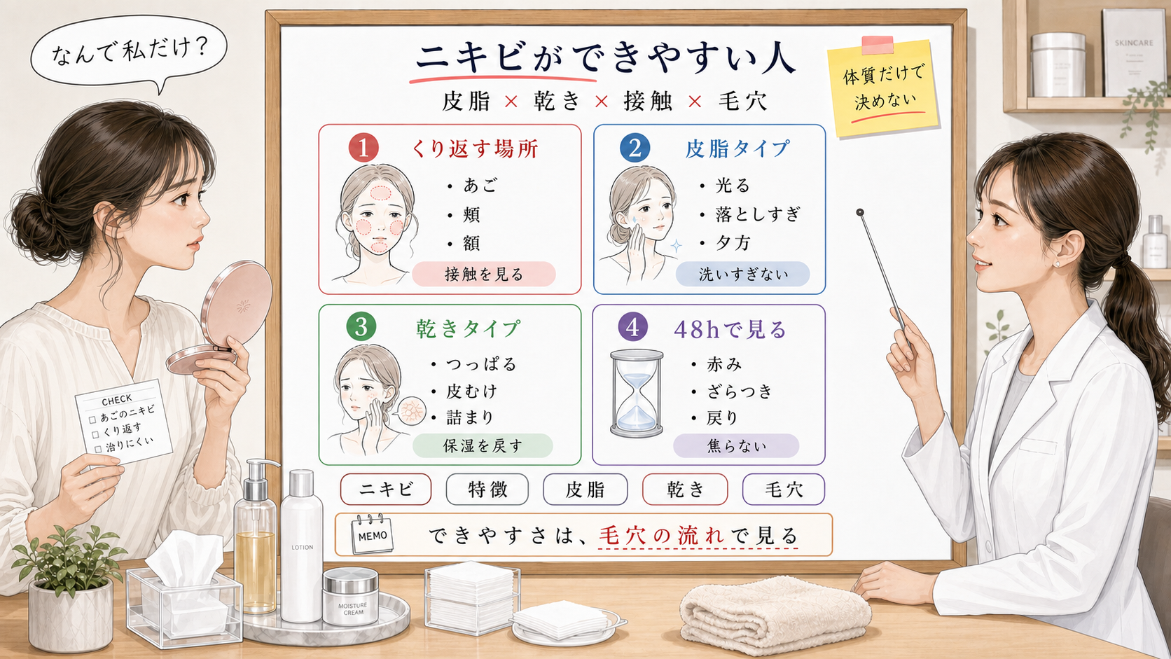ニキビができやすい人の特徴を皮脂・乾き・接触・毛穴で比較する1433基準の美容メディア挿絵アイキャッチ