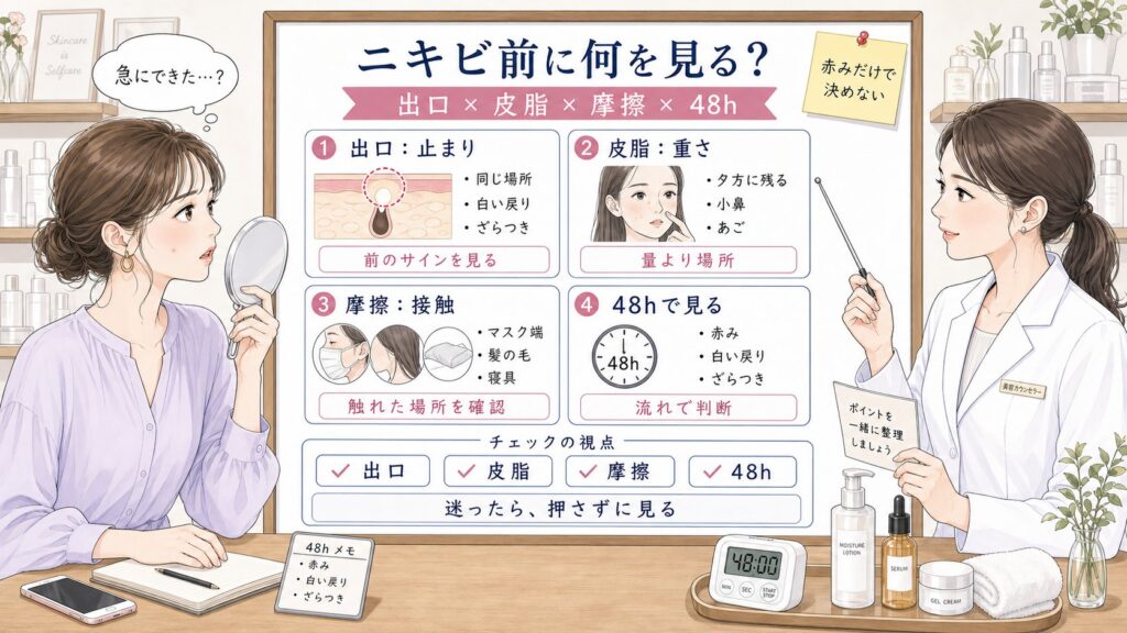 ニキビができる瞬間を毛穴の出口・皮脂の重さ・摩擦接触・48時間観察で比較する1433基準の美容メディア挿絵アイキャッチ