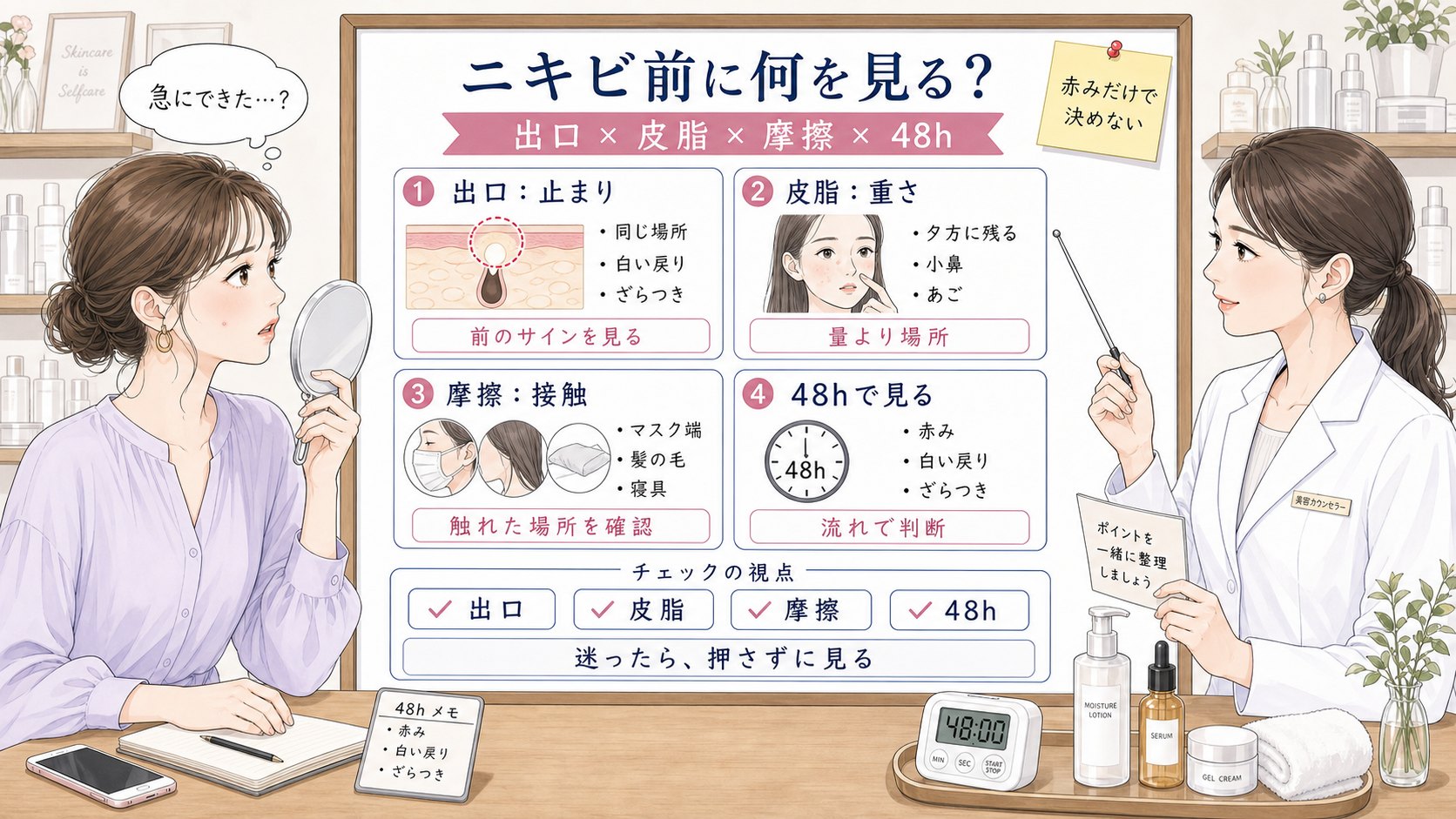 ニキビができる瞬間を毛穴の出口・皮脂の重さ・摩擦接触・48時間観察で比較する1433基準の美容メディア挿絵アイキャッチ