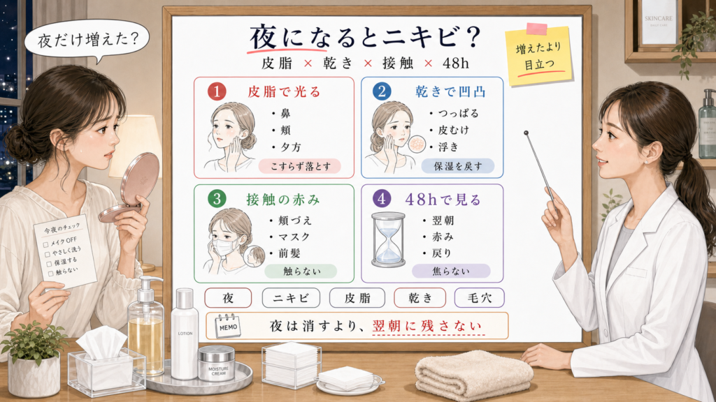 夜になるとニキビが増えるように見える理由を皮脂・乾き・接触・48時間で比較する1433基準の美容メディア挿絵アイキャッチ