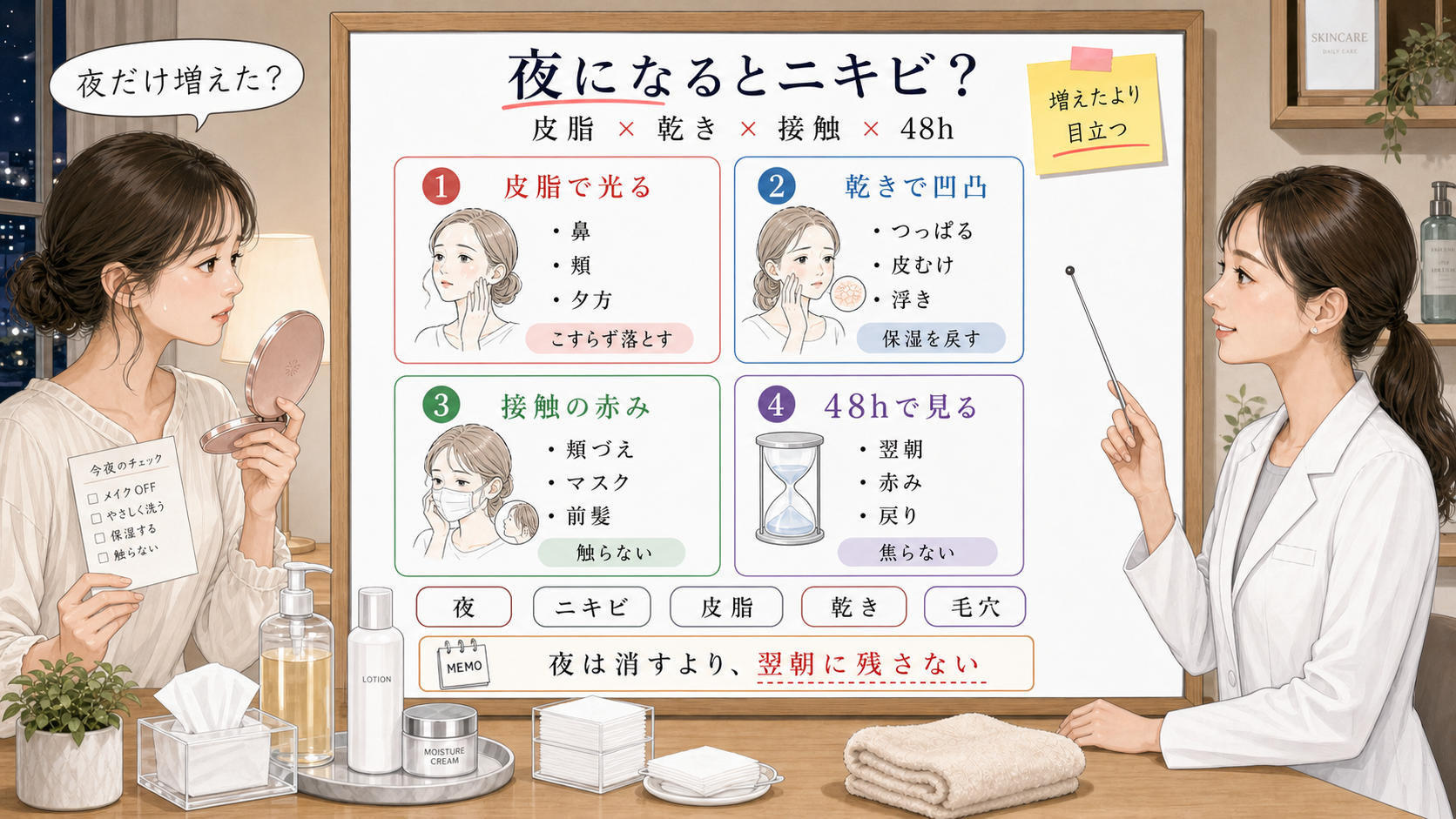 夜になるとニキビが増えるように見える理由を皮脂・乾き・接触・48時間で比較する1433基準の美容メディア挿絵アイキャッチ