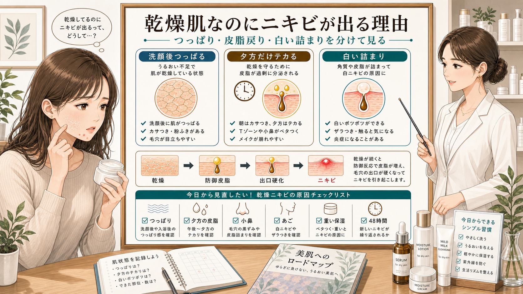 乾燥肌なのにニキビが出る理由をつっぱり・皮脂戻り・白い詰まりで分ける1433基準の美容メディア風イラスト