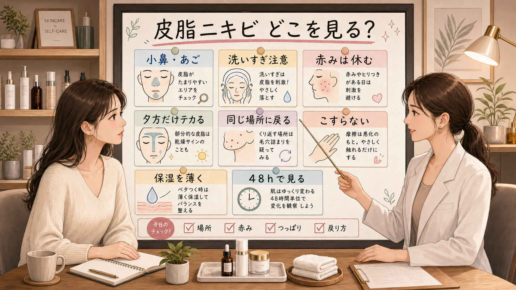 皮脂ニキビで洗いすぎと戻る場所を見る判断マップ
