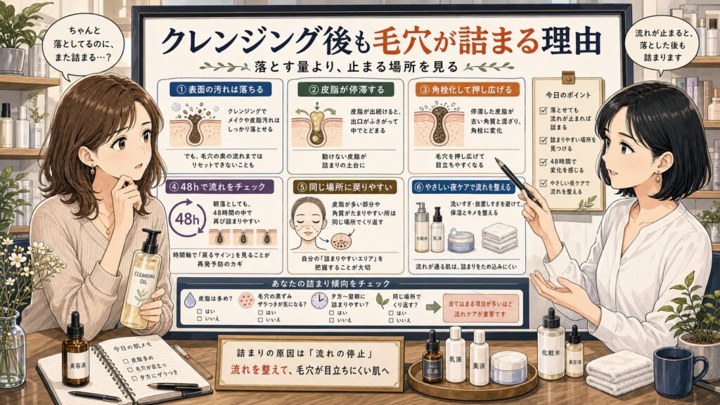 クレンジング後も毛穴が詰まる理由を皮脂停滞、角栓化、48時間の流れで整理する美容相談ボード
