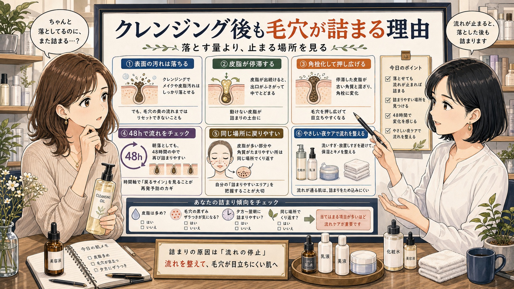 クレンジング後も毛穴が詰まる理由を皮脂停滞、角栓化、48時間の流れで整理する美容相談ボード