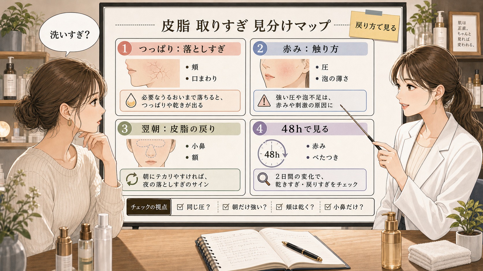 洗顔で皮脂を取りすぎたかを48時間で見る判断マップ