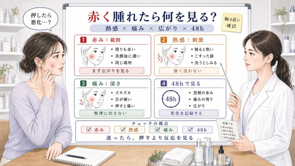 赤く腫れたニキビを赤み・熱感・痛み・広がり・48時間観察で比較する1433基準の美容メディア挿絵アイキャッチ