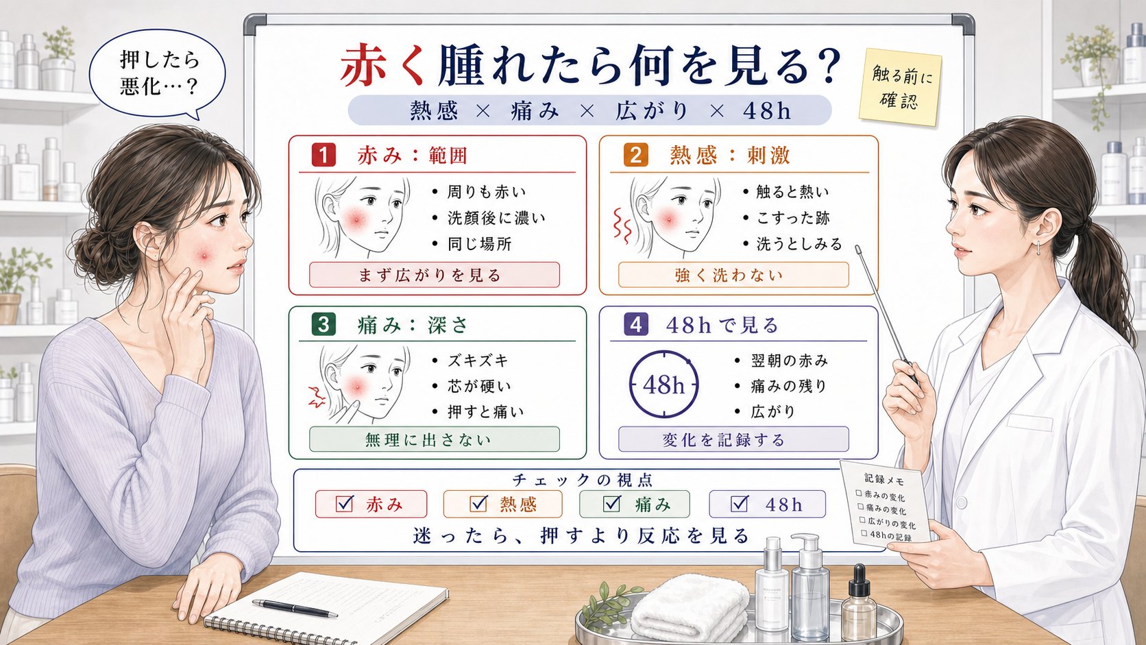赤く腫れたニキビを赤み・熱感・痛み・広がり・48時間観察で比較する1433基準の美容メディア挿絵アイキャッチ