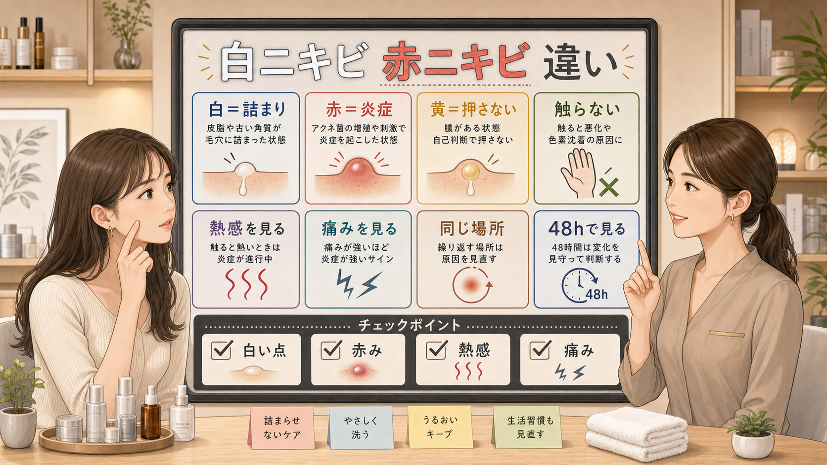 白ニキビと赤ニキビの違いを色と炎症で見分ける判断マップ