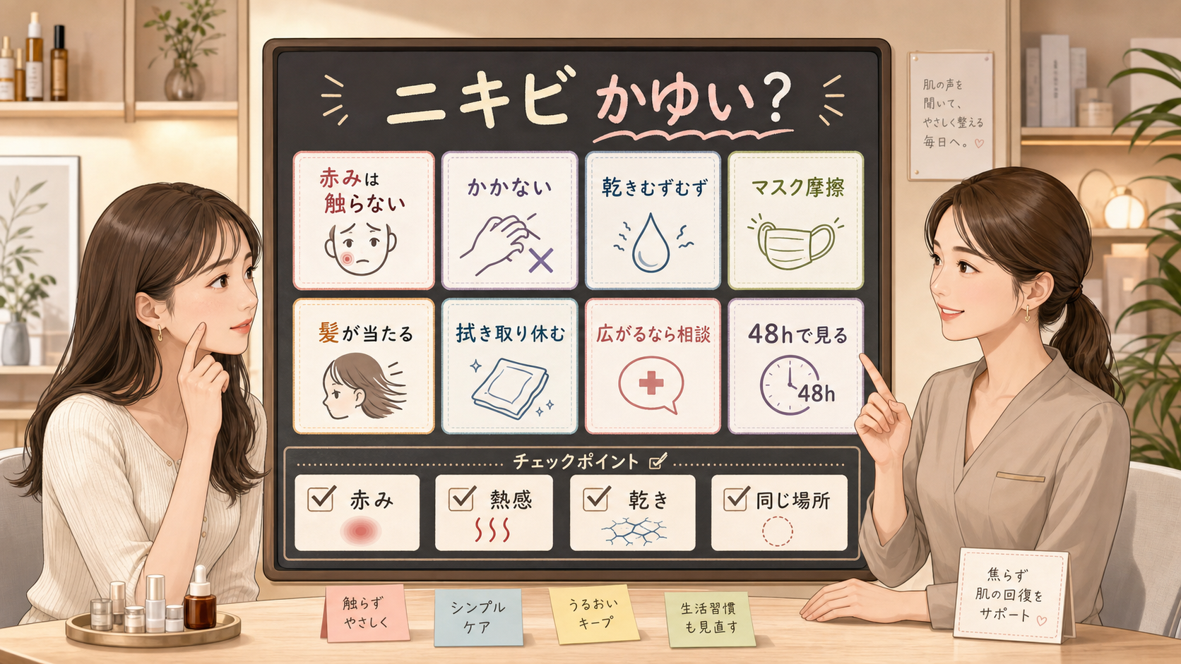 ニキビがかゆい日に赤みと摩擦を分けて見る判断マップ