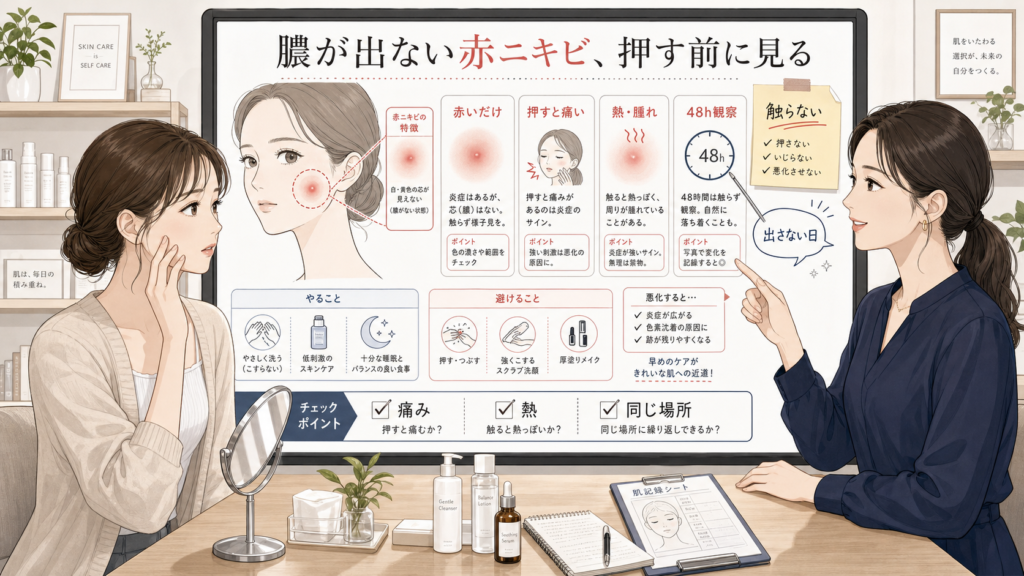 膿が出ない赤ニキビを押す前に赤み・痛み・熱・48時間観察で分ける美容相談ボード