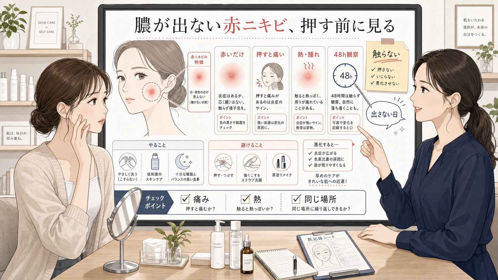膿が出ない赤ニキビを押す前に赤み・痛み・熱・48時間観察で分ける美容相談ボード