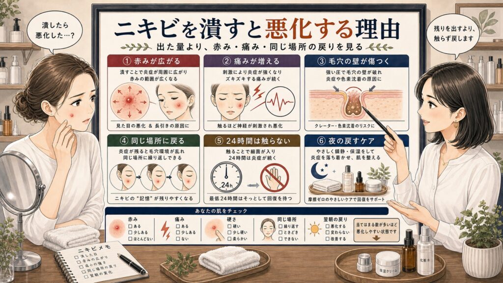 ニキビを潰した後の赤み、痛み、毛穴壁の傷、同じ場所の戻りを整理する美容相談ボード