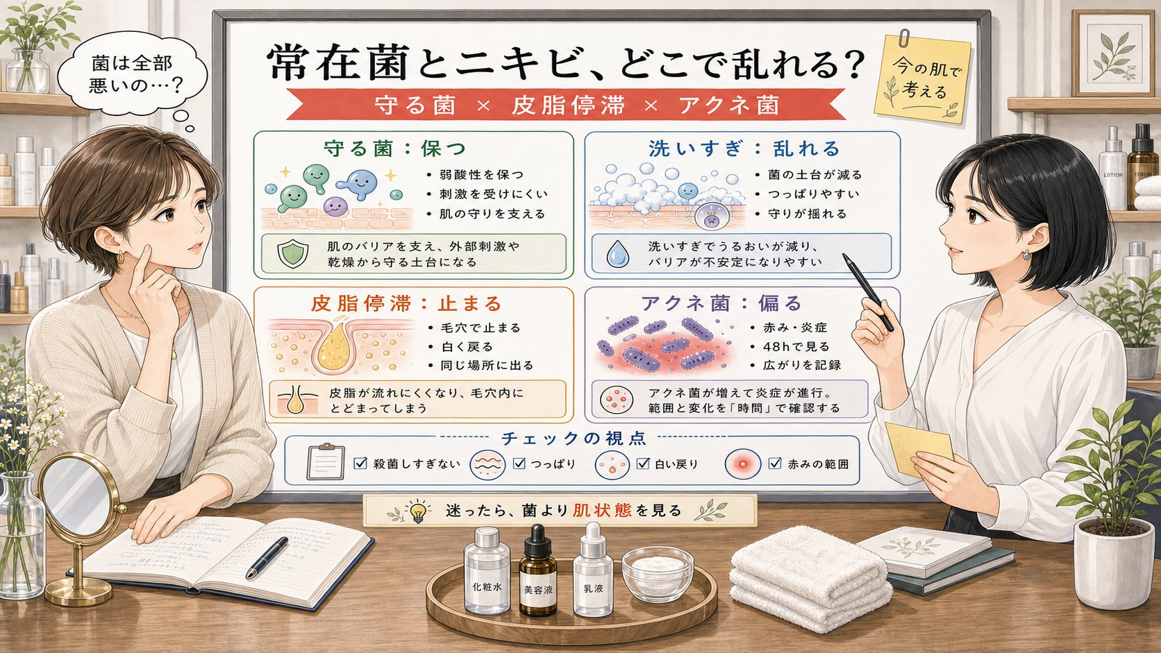 常在菌とニキビの関係を守る菌・洗いすぎ・皮脂停滞・アクネ菌の偏りで比較する1433基準の美容メディア挿絵アイキャッチ