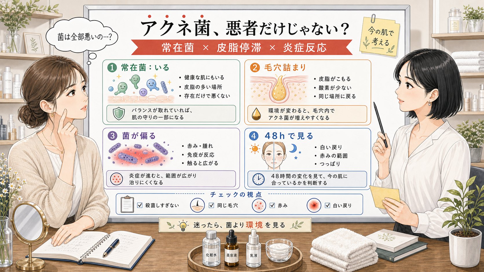 アクネ菌を常在菌・毛穴詰まり・菌の偏り・48時間観察で比較する1433基準の美容メディア挿絵アイキャッチ